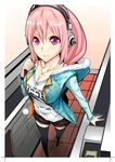  black_legwear blush breasts cleavage firecel headphones large_breasts long_hair looking_at_viewer nitroplus pink_eyes pink_hair pom_pom_(clothes) smile solo super_sonico thighhighs 