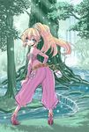  anklet armlet back bangle bare_shoulders belt blonde_hair bracelet breasts contrapposto forest from_behind hand_on_hip harem_pants highres jewelry kumakou long_hair nature pants pointy_ears ponytail primm seiken_densetsu seiken_densetsu_2 small_breasts solo standing tree vambraces water 