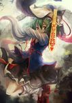  arm_up feirla green_hair hat highres jumping leg_warmers looking_at_viewer red_eyes rod_of_remorse shiki_eiki short_hair skirt solo touhou 