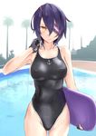  alternate_costume black_gloves blush breasts collarbone competition_swimsuit covered_nipples eyepatch fingerless_gloves gloves highres kantai_collection kickboard large_breasts looking_at_viewer no_headwear one-piece_swimsuit short_hair solo swimsuit tenryuu_(kantai_collection) wa_(genryusui) wet yellow_eyes 