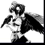  alternate_hairstyle animal bird black_hair blush bow closed_eyes crow halftone hat leaf leaf_print maple_leaf monochrome open_mouth pointy_ears pom_pom_(clothes) ponytail profile puffy_sleeves shameimaru_aya shirt short_hair short_sleeves simple_background skirt smile solo string tokin_hat touhou vest white_background wings yudepii 