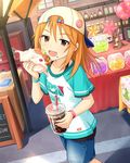  artist_request backwards_hat balloon baseball_cap black_eyes bracelet brown_hair bubble_tea candy cup denim eating food food_on_face hair_through_headwear hamburger hat idolmaster idolmaster_cinderella_girls jewelry looking_at_viewer official_art shorts solo tomboy walking yuuki_haru 