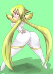  1girl absurdres aq_interactive arcana_heart arcana_heart_3 artist_request ass ass_grab atlus bent_over blonde_hair bodysuit breasts come_hither examu from_behind grabbing_own_ass highres leaning leaning_forward long_hair looking_at_viewer mildred_avallone naughty_face red_eyes seductive_smile smile very_long_hair 