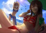  :q aircraft airplane akagi_(kantai_collection) arms_up aviator_sunglasses beach bespectacled bikini blue_bikini brown_eyes brown_hair bucket cloud condensation_trail contrapposto day feirla glasses kaga_(kantai_collection) kantai_collection lens_flare long_hair looking_at_viewer multiple_girls navel ocean outdoors red-framed_eyewear red_bikini sarong sky standing striped striped_bikini striped_swimsuit sun sunglasses swimsuit tongue tongue_out umbrella 