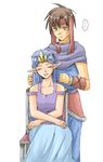  1boy 1girl blue_eyes blue_hair blush brown_hair capelet chair headband luca_(seiken_densetsu) momijinn randi seiken_densetsu seiken_densetsu_2 sitting sweatdrop tiara vambraces 