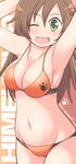  2014 ;d armpits arms_behind_head bad_id bad_pixiv_id bikini blush breasts brown_hair celebi_ryousangata fang green_eyes hair_ornament hairclip happy_birthday himekawa_yuki idolmaster idolmaster_cinderella_girls long_hair looking_at_viewer medium_breasts navel one_eye_closed open_mouth orange_bikini paw_print smile solo swimsuit 