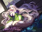  animal_ears barefoot blue_eyes breasts cleavage cubies_(tiger_205) fox_ears highres japanese_clothes kimono large_breasts leaf leaf_on_head long_hair oboro_muramasa petals silver_hair solo very_long_hair yuzuruha 