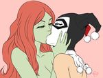 artist_name blue_eyes breasts dc_comics domino_mask face_grab flat_color flick-the-thief green_eyes green_skin harlequin harley_quinn heart kiss long_hair mask multiple_girls pink_background poison_ivy red_hair topless yuri 
