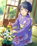  artist_request black_eyes blue_hair idolmaster idolmaster_cinderella_girls japanese_clothes kimono official_art purple_kimono short_hair solo wakui_rumi 