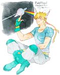  blonde_hair caesar_anthonio_zeppeli dark_side_of_the_moon feathers hair_feathers headband highres jojo_no_kimyou_na_bouken knee_pads male_focus momijimanjuu pink_floyd prism rainbow solo 