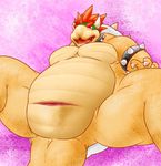  2014 abstract_background anthro blush bowser braceleet chubby cloaca collar front_view hair horn koopa low-angle_shot lying male maphika mario_bros musclegut muscles nintendo on_back open_mouth pecs red_eyes red_hair reptile scalie sharp_teeth solo spiked_bracelet spiked_collar spikes spread_legs spreading teeth tongue turtle video_games 