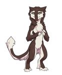  ambiguous_gender brown_fur chest_tuft chibi fluffy fur jewelry male mane nude plain_background sergal snowskau standing teal_eyes tuft two_toned_fur white_background white_fur yellow_eyes 