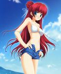  1girl absurdres bikini_top blush breasts cleavage covered_nipples cutoffs denim denim_shorts hagiwara_onsen highres kouno_mio long_hair medium_breasts navel open_fly red_hair short_shorts shorts solo swimsuit unzipped 