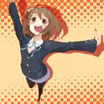  brown_eyes brown_hair foreshortening from_above hair_ornament hairclip highres hirasawa_yui ichijou_tatami k-on! outstretched_arms pantyhose school_uniform short_hair solo spread_arms 