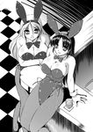  animal_ears bad_id bad_pixiv_id bar breasts bunny_ears bunnysuit drink fishnet_pantyhose fishnets from_above greyscale highres large_breasts long_hair monochrome multiple_girls pantyhose sitting yuuyami_sabou 
