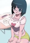  black_eyes black_hair copyright_request drawing glasses kawasaki_kazuhiko seiza short_hair shorts sitting solo 