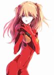  :o bangs blue_eyes bodysuit bracer breasts cowboy_shot from_side gloves hair_between_eyes hair_ornament hand_on_own_chest hands_together long_hair looking_at_viewer neon_genesis_evangelion open_mouth orange_hair pilot_suit plugsuit simple_background skinny small_breasts solo souryuu_asuka_langley turtleneck white_background 