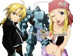  1girl ;p alphonse_elric armor bandana bandeau blonde_hair blue_eyes braid breasts cleavage earrings edward_elric full_armor fullmetal_alchemist gloves jewelry junkparts large_breasts long_hair one_eye_closed single_braid strapless tongue tongue_out tubetop unzipped winry_rockbell yellow_eyes 