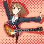  blush brown_eyes brown_hair foreshortening from_above grin guitar hair_ornament hairclip highres hirasawa_yui ichijou_tatami instrument k-on! outstretched_arms pantyhose school_uniform short_hair smile solo spread_arms 