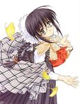  black_eyes black_hair bonnet braid frills from_above from_side ginkgo glasses hair_ribbon highres leaf long_hair long_skirt long_sleeves looking_at_viewer looking_up marie_(sister_princess) plaid ribbon scarf shawl simple_background sister_princess skirt smile solo tenhiro_naoto white_background 