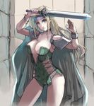  adapted_costume armor armpits bad_id bad_pixiv_id bare_shoulders blonde_hair blue_eyes bracelet bracer breasts brick_wall cape celes_chere center_opening choker cleavage contrapposto cowboy_shot cross-laced_clothes final_fantasy final_fantasy_vi gem green_leotard green_panties hands_up head_tilt headband holding holding_sword holding_weapon jewelry large_breasts legs_apart leotard long_hair looking_at_viewer miso_katsu no_bra panties pauldrons serious shadow sideboob sidelocks solo standing strapless strapless_leotard string_panties sword thighs underwear weapon 