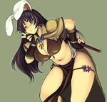  animal_ears belly black_hair blue_eyes blush bracelet breasts bunny_ears cleavage curvy fingerless_gloves flower gloves jewelry large_breasts lips long_hair mage_(ragnarok_online) navel necklace one_eye_closed pelvic_curtain plump ragnarok_online solo weapon xration 