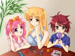  2girls 467_(artist) bad_id bad_pixiv_id blonde_hair blush breasts caro_ru_lushe cleavage erio_mondial fate_testarossa large_breasts long_hair lyrical_nanoha mahou_shoujo_lyrical_nanoha_strikers multiple_girls open_mouth pink_hair purple_eyes red_eyes scissors short_hair smile tanabata tanzaku translated 