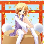  :o adjusting_clothes adjusting_legwear autumn blonde_hair brown_eyes dressing hat hat_removed headwear_removed leaf moriya_suwako no_hat no_headwear oversized_object ribbon sitting sitting_on_object socks solo thighhighs torii touhou white_legwear yamasan 