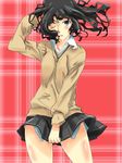  amagami black_hair blush kibito_high_school_uniform long_sleeves mas messy_hair one_eye_closed open_collar pleated_skirt school_uniform skirt skirt_lift solo sweater tanamachi_kaoru 