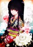  bad_id bad_pixiv_id bangs black_hair black_kimono blunt_bangs enma_ai fish flower hime_cut japanese_clothes jigoku_shoujo kimono long_hair nanai red_eyes sitting solo 