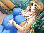  bench blonde_hair blush breasts curvy doki_doki_oyako_lesson game_cg huge_breasts kumagai_aki long_hair park park_bench pregnant solo sumeragi_kohaku wide_hips 