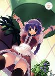  absurdres blush braid copyright_request highres kiba_satoshi open_mouth orange_eyes panties ponytail purple_hair solo thighhighs underwear upskirt waitress white_panties wrist_cuffs 