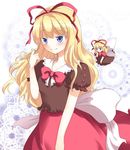  alternate_hairstyle blonde_hair blue_eyes blush bow dress hair_bow hair_ribbon hair_twirling long_hair medicine_melancholy mito_tsubaki ribbon short_hair smile solo su-san touhou wings 