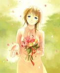  bad_id bad_pixiv_id blue_eyes blush bouquet brown_hair copyright_request dress flower highres petals smile solo takeda_mika tulip 