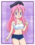  bare_shoulders blue_shorts blush cosplay denim denim_shorts final_fight glasses hat lowres lucky_star midriff oekaki pink_hair poison_(final_fight) poison_(final_fight)_(cosplay) purple_eyes short_shorts shorts solo takalog takara_miyuki 