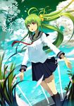  bad_id bad_pixiv_id brown_eyes flower green_hair hair_ribbon long_hair nauribon original ribbon school_uniform serafuku skirt solo twintails very_long_hair wind 