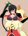  5emon_(pixiv) animal_ears animal_hood black_hair blazblue blonde_hair blush braid breasts cat_ears cat_hood china_dress chinese_clothes cleavage dress glasses grin hood hoodie lao_jiu large_breasts litchi_faye_ling long_hair multiple_girls panda ponytail purple_eyes red_eyes saliva smile taokaka yuri 