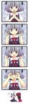  &gt;_&lt; :o bad_id bad_pixiv_id brown_hair cirno closed_eyes comic fingers hakurei_reimu hands highres lavender_eyes lavender_hair maki_(natoriumu) multiple_girls pantsu_marumie silent_comic touhou v-shaped_eyebrows violence 