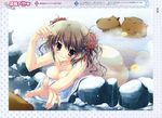  absurdres breasts brown_eyes brown_hair capybara cleavage copyright_request flower hair_flower hair_ornament highres izumi_tsubasu large_breasts nude onsen smile snow solo towel twintails water 