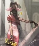  aerith_gainsborough back basket bow braid brown_hair cropped_jacket dress final_fantasy final_fantasy_vii flower from_behind hair_bow haruhashi long_dress long_hair pink_bow pink_dress single_braid solo sunlight very_long_hair 