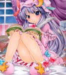  bad_id bad_pixiv_id bed blush book crescent hat highres jpeg_artifacts long_hair marker_(medium) millipen_(medium) pastel_(medium) patchouli_knowledge purple_eyes purple_hair quill shikishi sitting slippers solo star touhou traditional_media yukitsuki_kokoro 