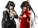  bad_id bad_pixiv_id black_hair breasts bridal_gauntlets cleavage cleavage_cutout formal green_eyes green_hair hattori_masahiko large_breasts long_hair mahou_sensei_negima! multiple_girls nagase_kaede one_eye_closed open_clothes open_shirt ponytail red_eyes shirt suit tatsumiya_mana 