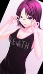  adjusting_eyewear bad_id bad_pixiv_id bare_shoulders blue_eyes breasts cleavage copyright_request glasses lips medium_breasts purple_hair shokuyou_mogura short_hair solo 