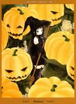  azumi_tooru black_hair broom copyright_request green_eyes hat jack-o'-lantern long_hair pumpkin solo witch witch_hat 