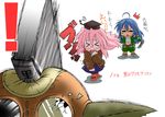  &gt;_&lt; /\/\/\ 2girls :&lt; ahoge blue_hair book closed_eyes cosplay final_fantasy final_fantasy_xi glasses goblin goblin_(final_fantasy) hat izumi_konata kaji_sakaki knife long_hair lucky_star midriff multiple_girls open_mouth pink_hair skirt sweatdrop takara_miyuki translated 