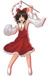  armpits bow brown_hair closed_eyes detached_sleeves gohei hair_bow hakurei_reimu happy hiroya_juuren sarashi skirt smile solo tabi touhou 