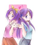  back-to-back blue_eyes casual hiiragi_kagami hiiragi_tsukasa jason_(kaiten_kussaku_kikou) lucky_star multiple_girls purple_hair short_hair siblings sisters twins twintails 