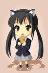  animal_ears animated animated_gif black_hair blush cat_ears chibi eating k-on! kankurou long_hair lowres nakano_azusa school_uniform shoes skirt solo twintails uwabaki 