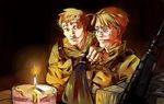  america_(hetalia) axis_powers_hetalia birthday blonde_hair blue_eyes brothers brown_eyes cake candle food glasses gun male_focus manly military multiple_boys pastry rifle siblings smile tears theyoungdoyley uniform united_kingdom_(hetalia) weapon 