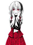  ascot crazy_smile hands_on_own_face hane_(hanegoya) kazami_yuuka looking_at_viewer plaid plaid_skirt plaid_vest red_eyes short_hair simple_background skirt skirt_set smile solo touhou vest white_background 